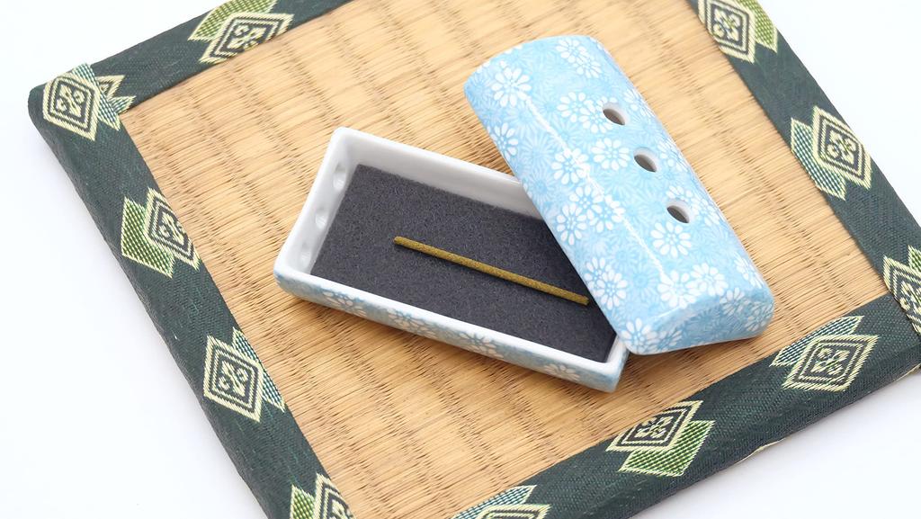 Horizontal Cylindrical Incense Burner, for Laying Incense Sticks, Made In Japan by Mino Ware, Light Blue, for Yoga, Meditation, Mindfulness, and