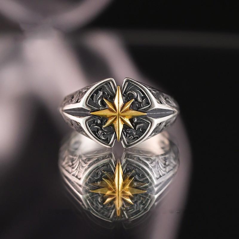 Adjustable Star Motif Ring Men Women Sterling Vintage Geometric Band Minimalist Punk Chic Finger