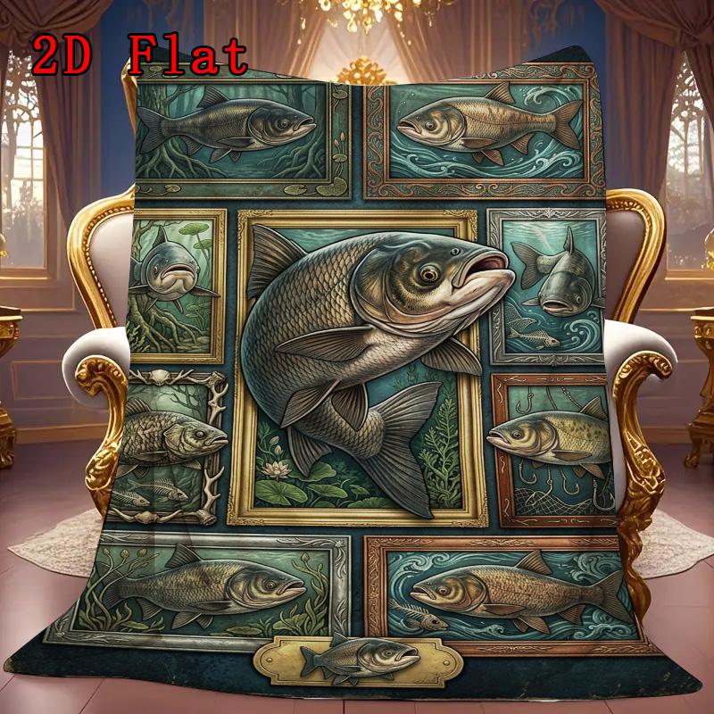Fish Illustrations 2D Flat Pattern Flannel Blanket, High Quality All Seasons, Home Decor, Warmth and Comfort, Perfect for Christmas Gifts.