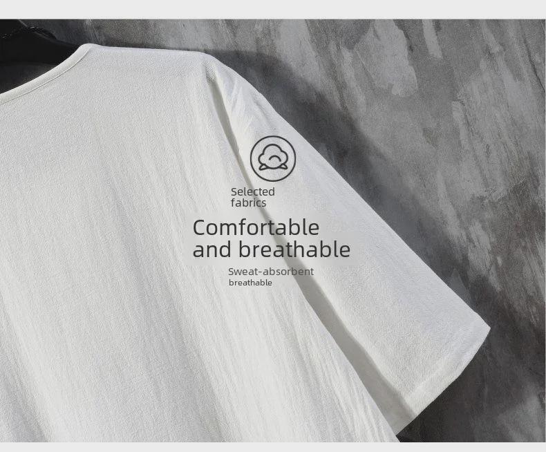 Men's Chinese Style Linen T-Shirt: Short-Sleeve, Loose Fit, Summer Cotton Blend, Buttoned, Trendy Tang Suit