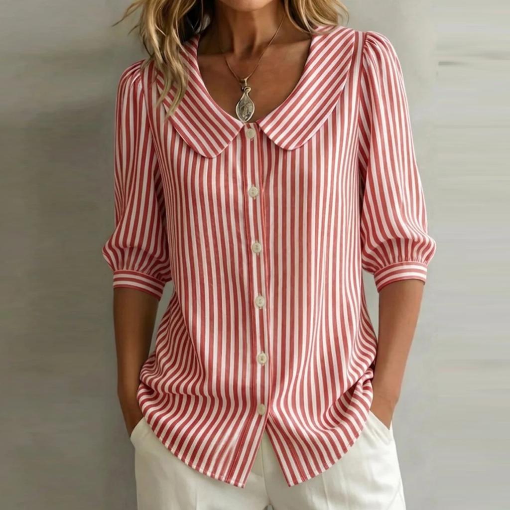 Womens V Neck Striped Blouse with 3/4 Sleeves Button Down Front Relaxed Fit Shirt for Casual or Office Wear