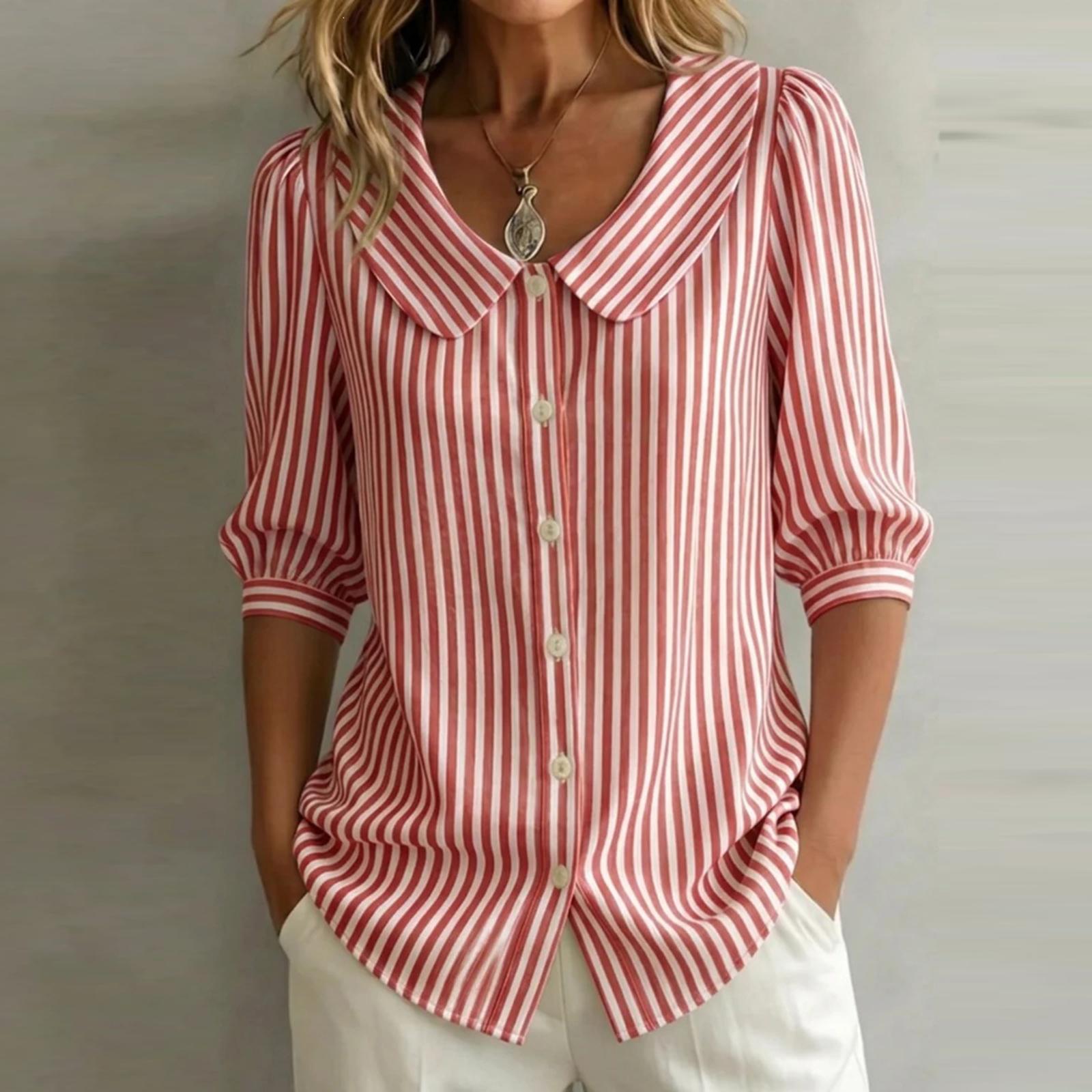 

Womens V Neck Striped Button Down Blouse with 3/4 Sleeves Relaxed Fit Shirt Top for Casual or Office Wear M червоний