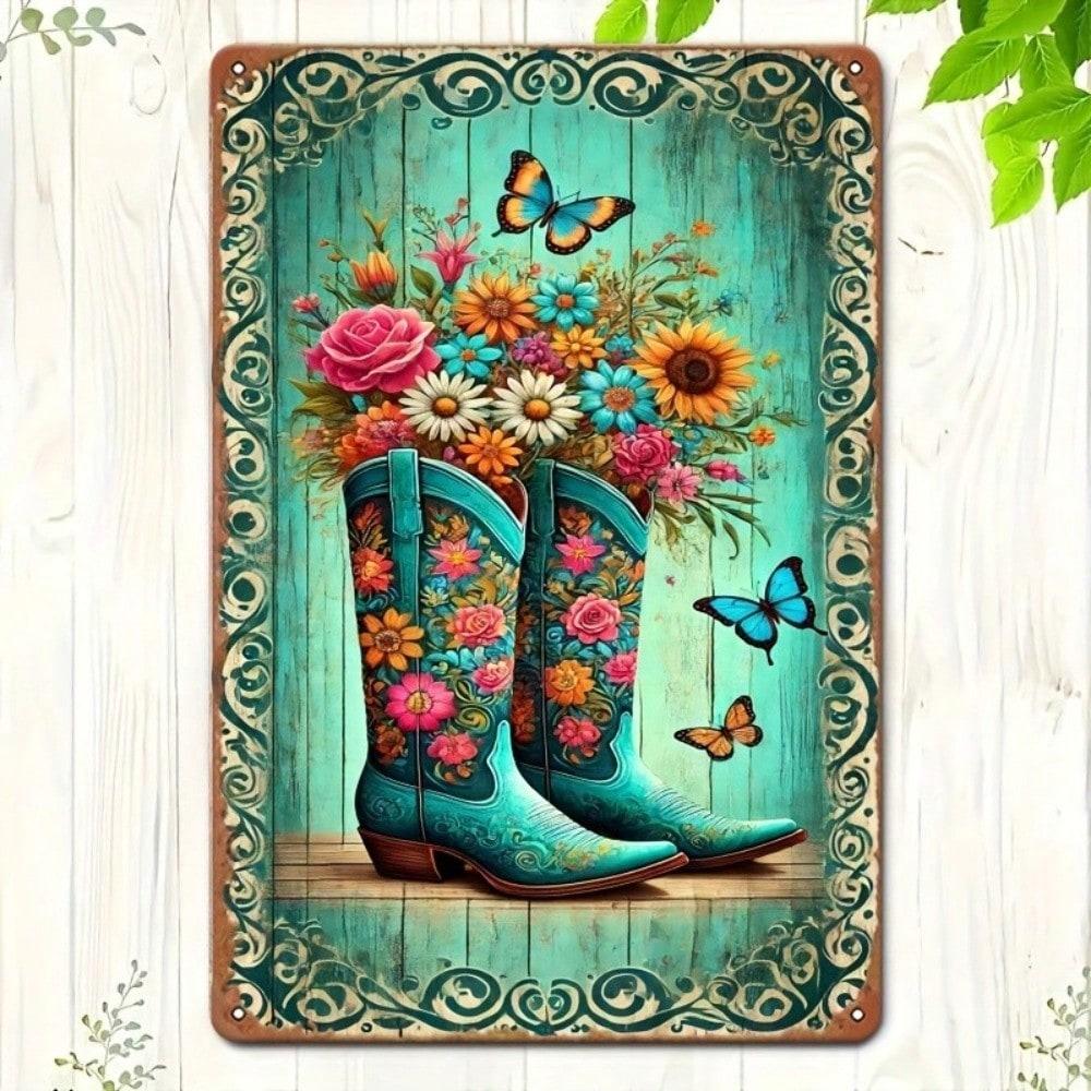 Vintage Cowboy Boots Metal Wall Art 8x12 Inch Rustic Home Decor Tin Sign