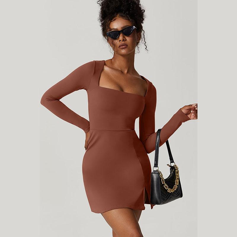 Womens Square Neck Bodice Dress Long Sleeve Side Slit Flare Mini Dresses