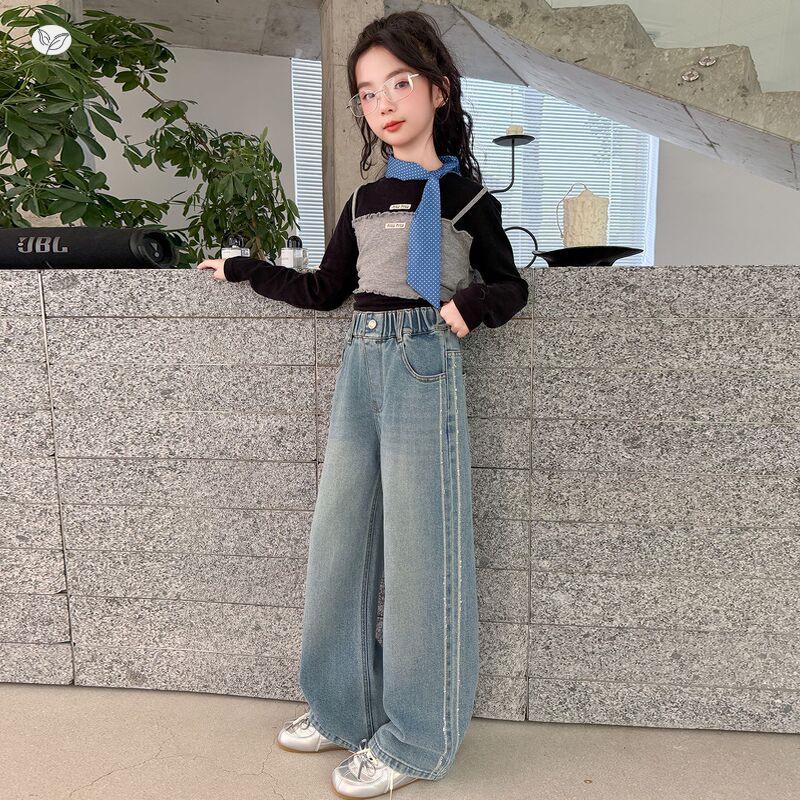 Girls' Autumn 2026 Korean Style Wide-Leg Jeans for Big Kids