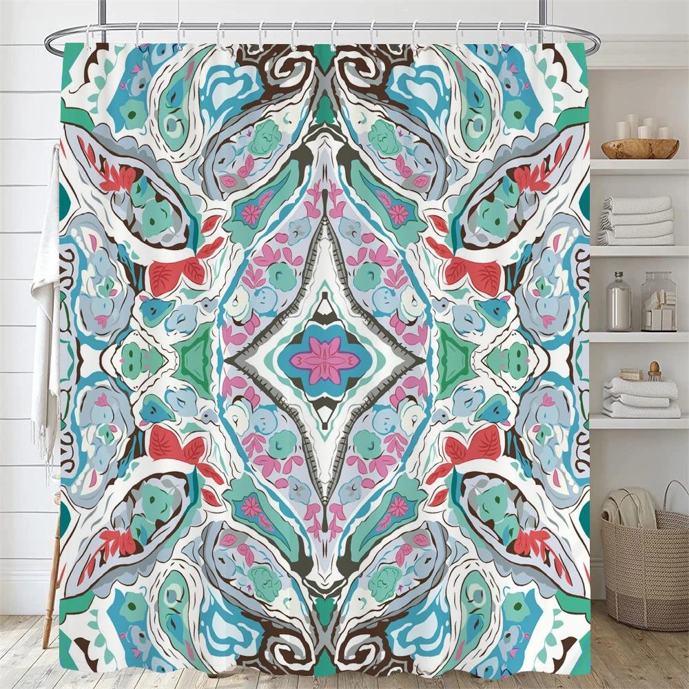 Europäischer Floral Böhmischer Stil Bedruckter Duschvorhang Mit Haken, Wasserdichter Duschvorhang, Duschvorhänge Für Badezimmer