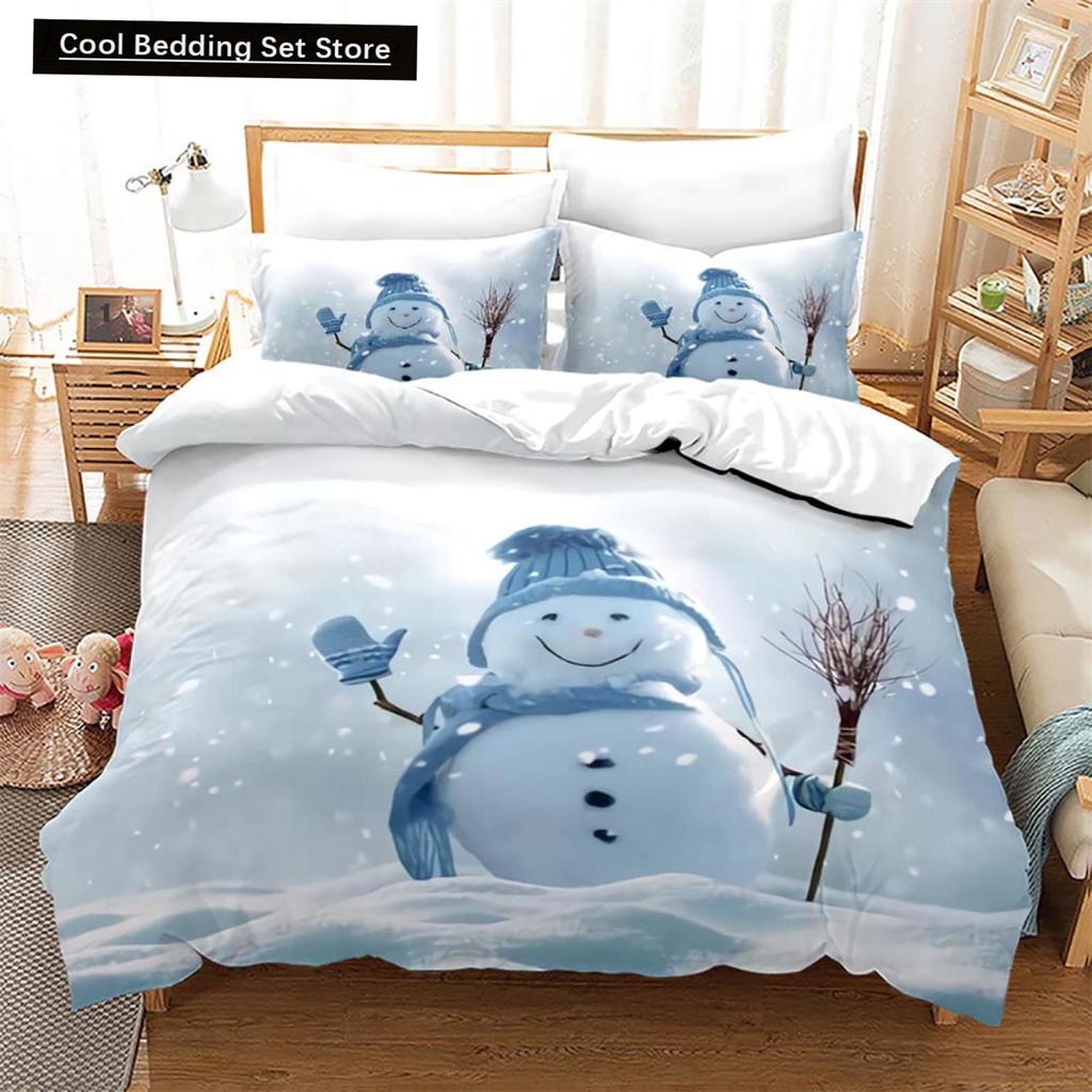 Weihnachten Schneemann König Königin Bettbezug Kinder Cartoon Bettdeckenbezug Weiß Winter Schneeflocke Bettwäsche Set Polyester Bettdeckenbezug