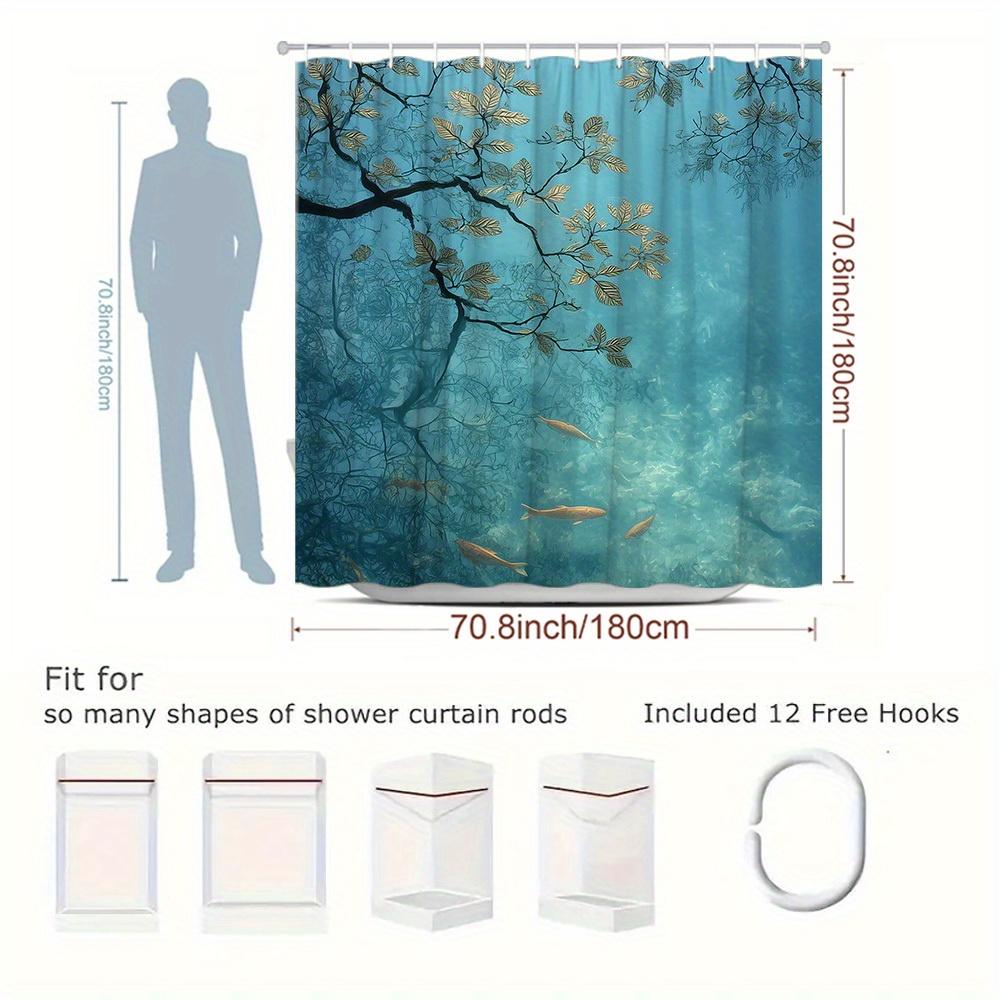 1Pc Natural Scenery Shower Curtain Branches And Fish Pattern Blue Water Landscape Add To Bathroom Decor Polyester Fabric Contain