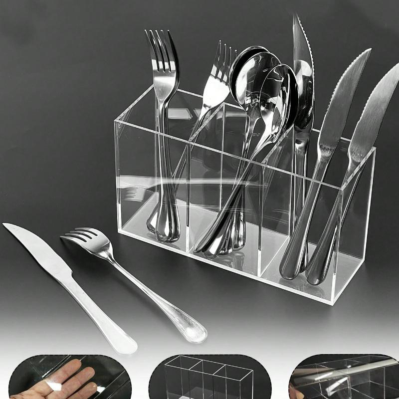 1 szt. Taca organizer na sztućce z 3 przegródkami, Przezroczysty plastikowy pojemnik na sztućce do widelców, łyżek i noży, Odpowiedni na imprezę
