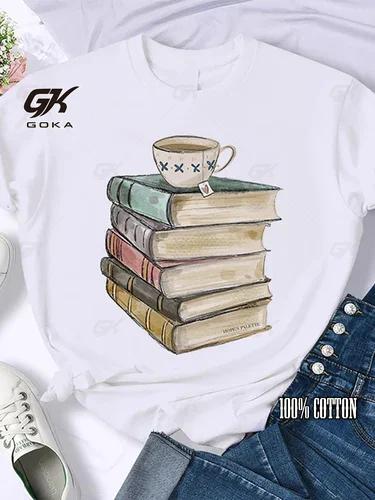 Coffee Books Brown Books American Retro Cotton T Shirt Woman Round Neck Half Sleeve T-shirts Printed Tops Woman Oversized Tees