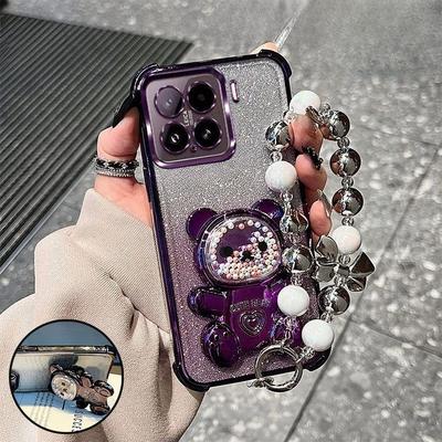 Luxury Bow Strap Bear Phone Holder Case For Xiaomi 15T 14T Pro 13T 12T 11 Lite 12 17 Pro Max Soft Glitter Shockproof Stand Cover