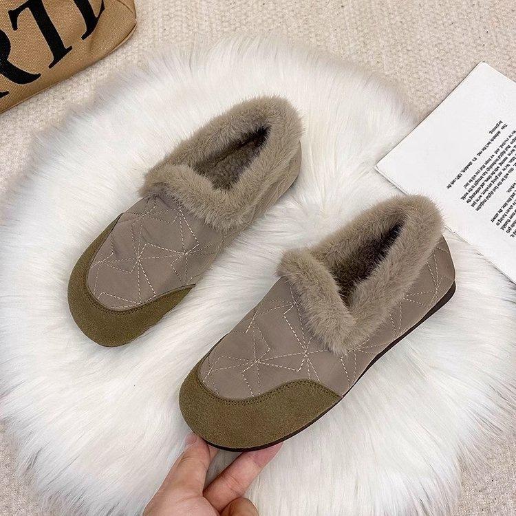 2025 winter new velvet round head one-pedal warm beanie shoes women's retro down fabric lamb wool cotton shoes
