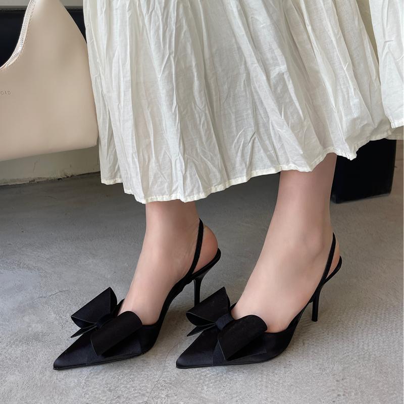Fashion SUOJIALUN 2025 Summer New Brand Women Slipper Fashion Big Bow-knot Slip On Mules Sandal Shoes Thin High Heel Outdoor Dress Pumps