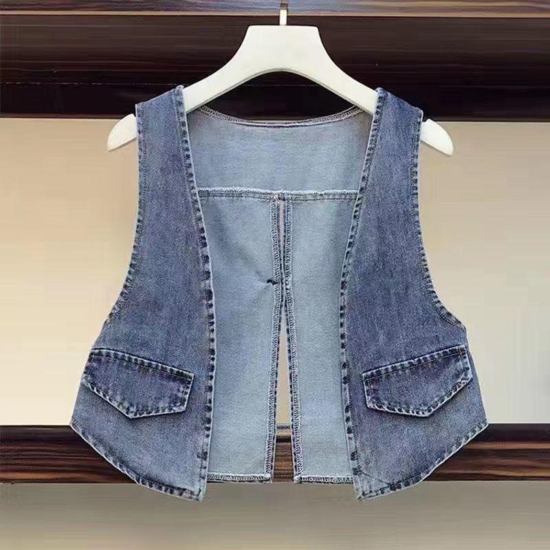 

Hong Kong Retro Denim Women s Slim Waistcoat – 2025 Spring/Autumn, Collarless Shoulder Pad Design 3XL