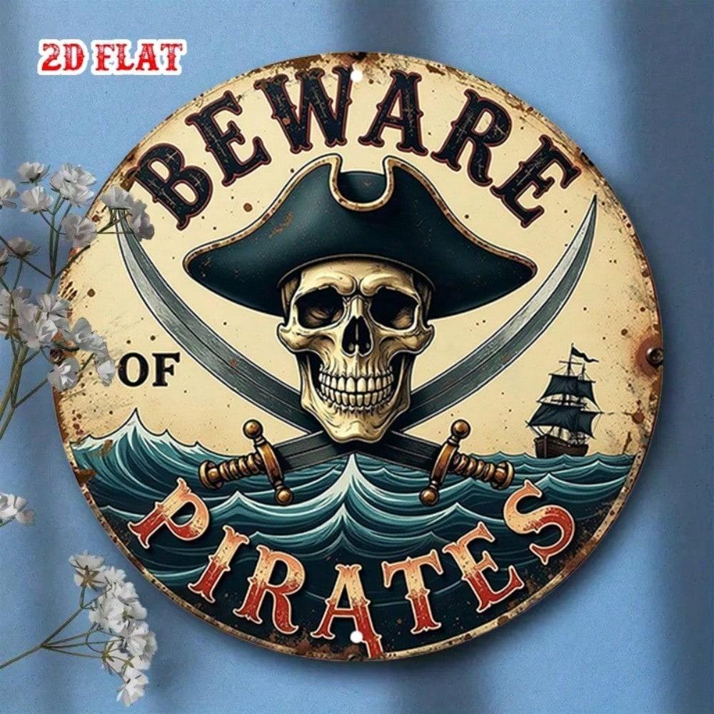 Vintage Nautical Skull Crossbones Rustic Round Metal Wall Art Sign Blue Decor