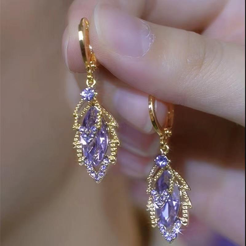 French Purple Zircon Leaf Ear Cuffs - Fashionable, Slim, Double Layer Sparkling Diamond Earrings with National Style