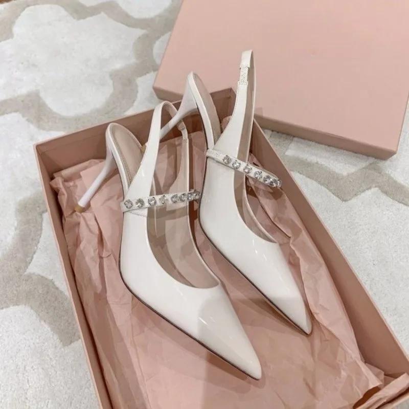 Fashion 2025 Summer New Stiletto Heels Women's Rhinestone Baotou Patent Leather Pointed Toe Super High Heel Sandals