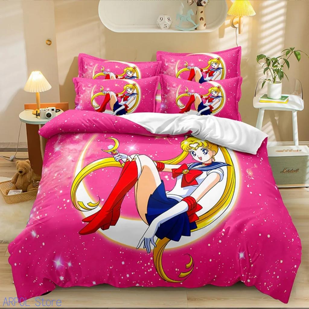 Kawaii Duvet Cover Sailor Moons Bedding Set for Girls 3D Pattern Pretty Girl Pink Comforter Twin Duvet Cover Set with Pillowcase