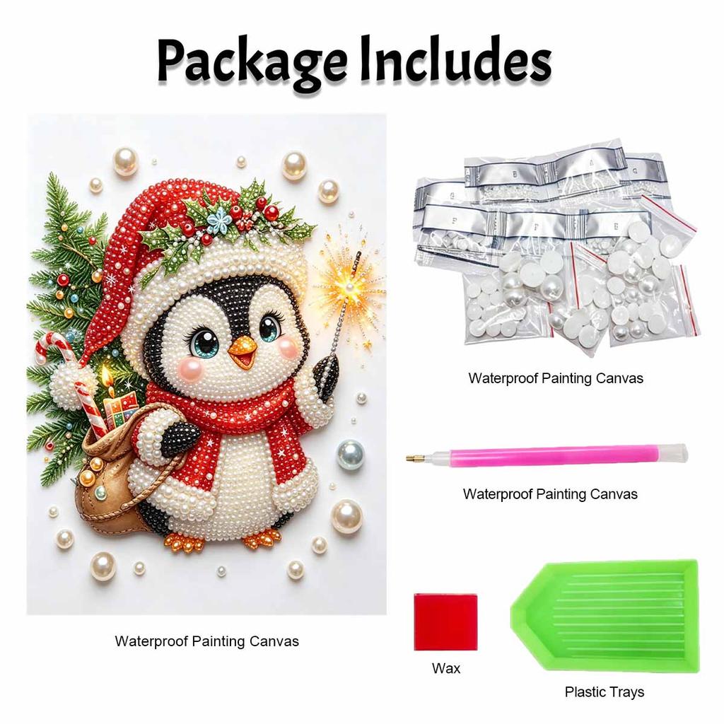 Frameless Pearl Painting Kit Cute Penguin with Santa Hat Aesthetic Wall Art DIY Sparkling Bead Canvas Christmas Room Decor Creative Craft