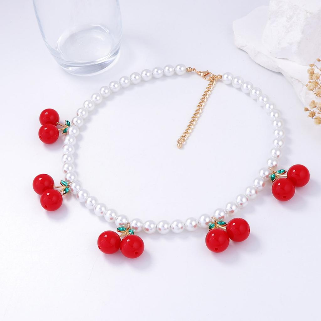 Fruit series necklace fresh and sweet cute cherry pendant imitation pearl temperament elegant women's necklace