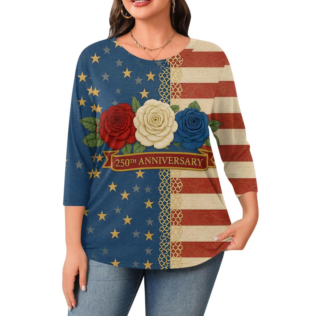 Damen Rundhals 3/4 Ärmel Bedrucktes Oberteil in Übergröße