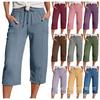 Women S Solid Cotton Linen Loose Drawstring Wide Leg Capri Pants