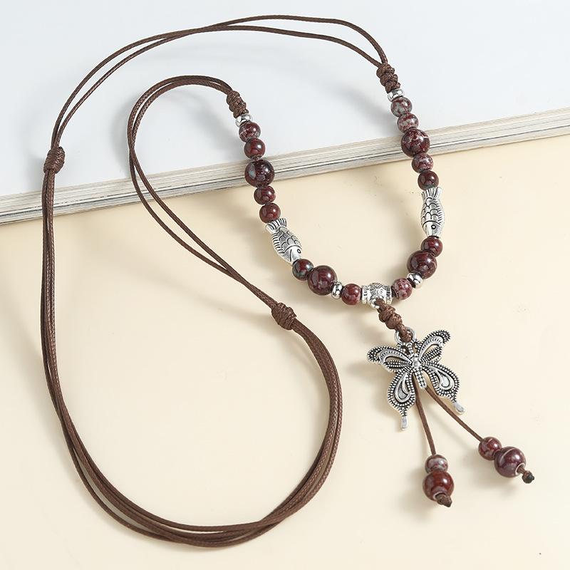 Chinese style long length sweater style accessory  butterfly necklace  ceramic  hanger cord