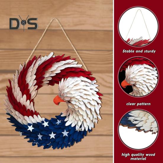Patriotic Eagle Wreath 4th of July Wooden Decoration Indoor Outdoor Front Door Wall Hanging Independence Day Memorial Day Door Sign Pendant
