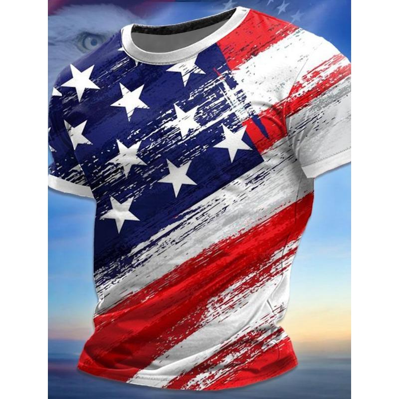 Summer Men's Short Holiday T-shirt Trendy Breathable Top Outdoor Patriotic Soft Round Neck Polyester Top
