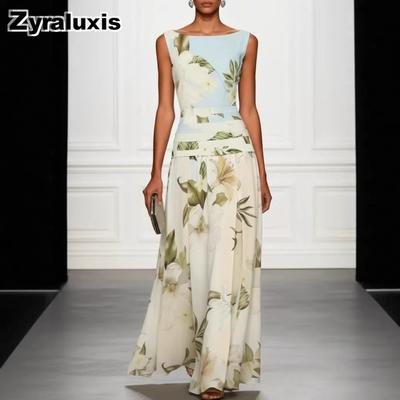Summer Vintage Sexy V-Neck Floral Print Women's Dress Sleeveless Backless High Waist Long Skirt