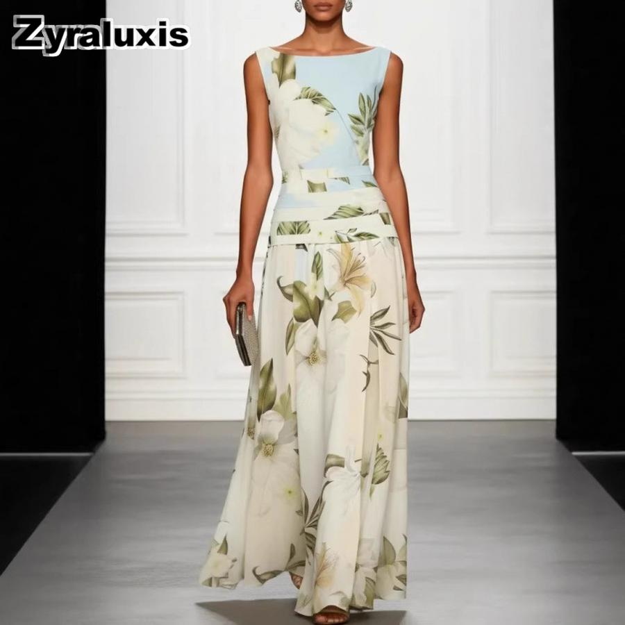 Summer Vintage Sexy V-Neck Floral Print Women's Dress Sleeveless Backless High Waist Long Skirt