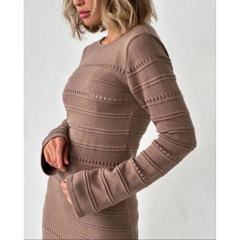 

Fashion New Arrival Fashion Long Stripes Cut Out Two-Way Wear Knitting Dress Hollow out Knit Dress Dark brown L