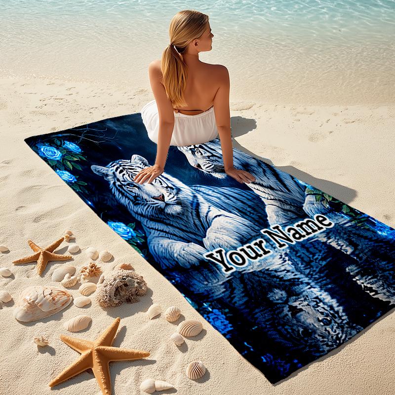 1PC Custom Name White Tigers Reflection Beach Towel Highly Absorbent And Sand-Resistant Towel for Swimming, Pool, Yoga, And Travel Lightweight