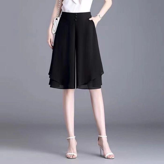 Summer Plus Size Chiffon High Waist Shorts for Women - Loose Wide Leg Skort for Middle-Aged and Elderly Mothers