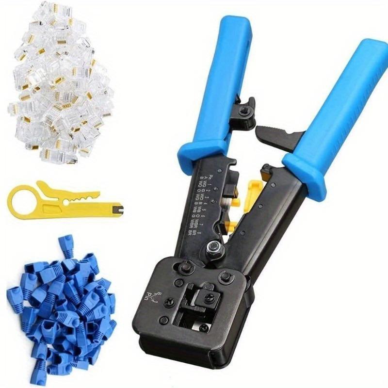Crimping Tool Ethernet Crimper Cat6 Cat5 Cat5e RJ45 Pass Through Connectors R11/RJ12 Regular Ends with 50Pcs Connectors