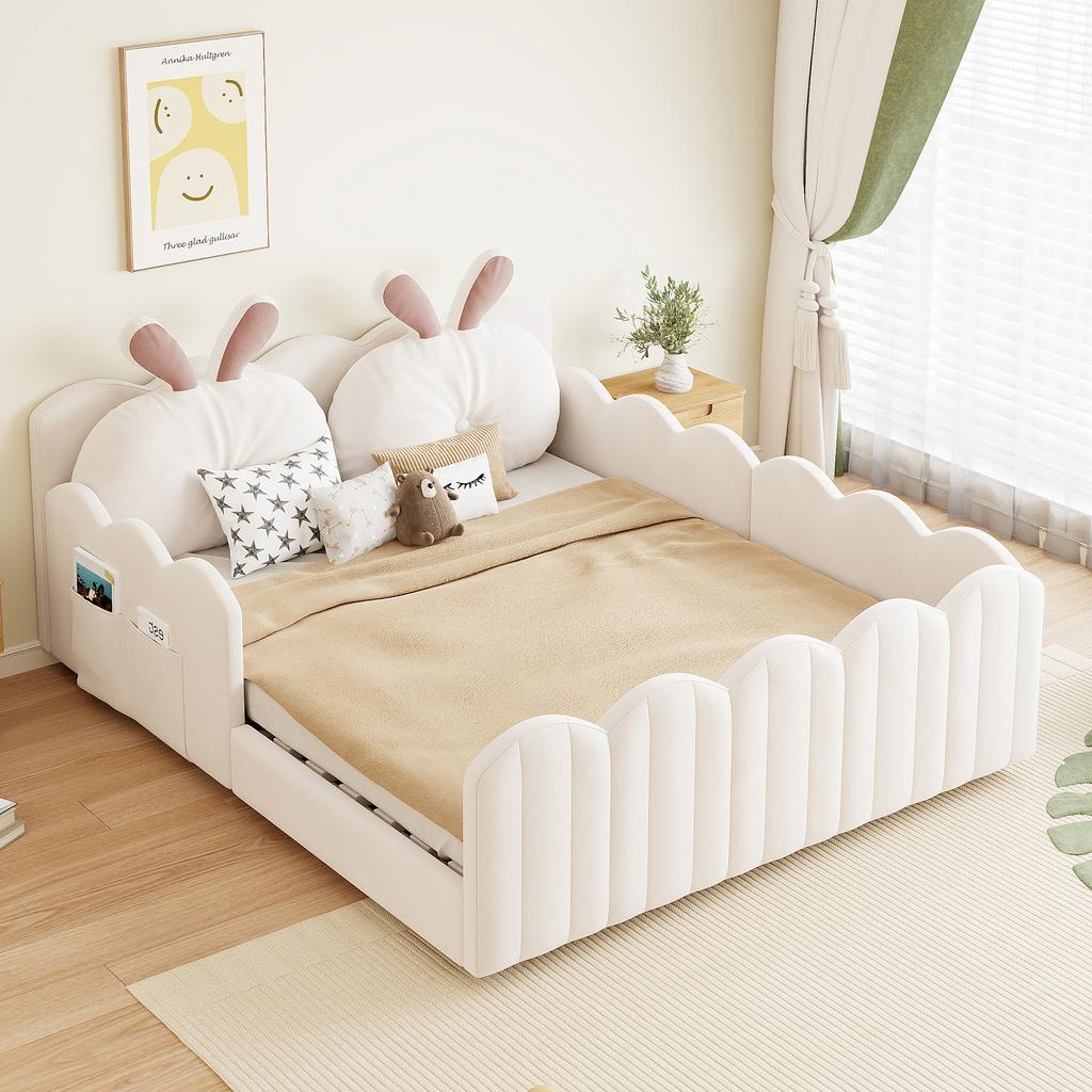 140x200 Upholstered Platform Bed with Rabbit-Shaped Cushion, Beige