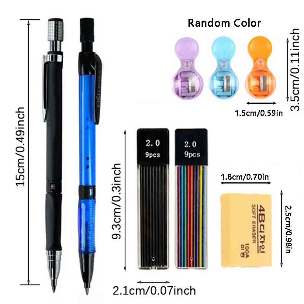 Druckbleistift-Set, 2,0 mm, mit 2B-Minenfüllung in Schwarz/Farbe, geeignet zum Schreiben, Skizzieren, Zeichnen, Büro