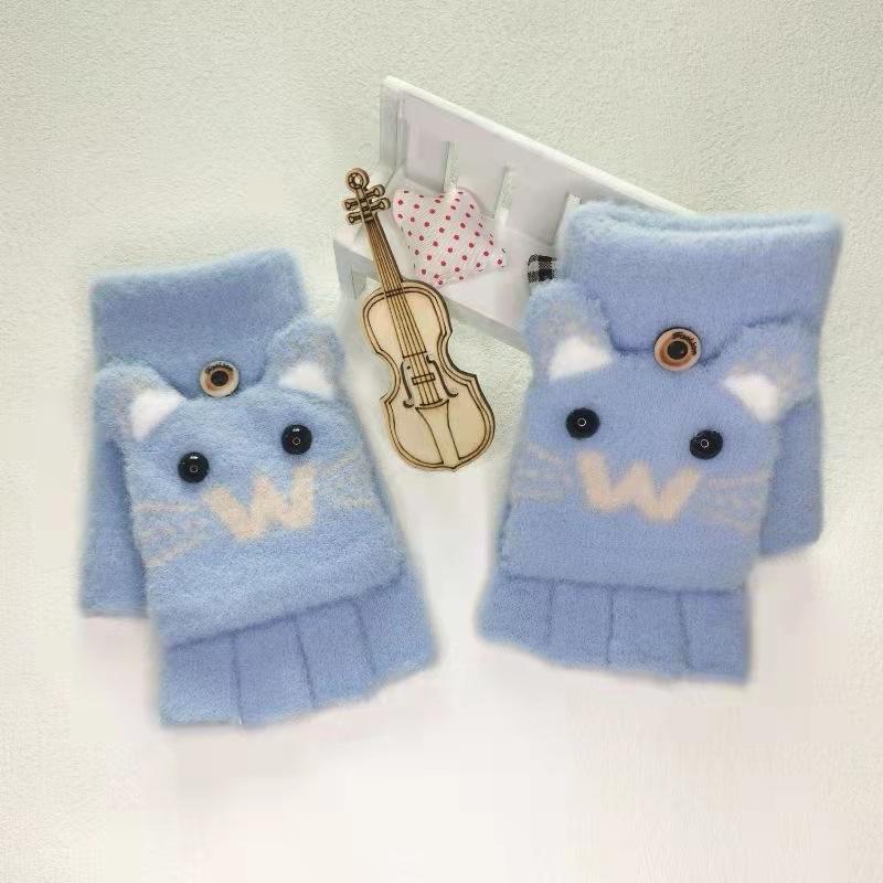 Dětské zimní teplé a proti omrzlinám ruce roztomilé kreslené pletené rukavice bez prstů s odklápěcím palčákem pro chlapce a dívky, starší děti a studenty