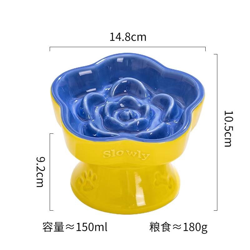 Creative Ceramic Drinking Water Food Tall footed Pet Bowls Anti Overturning Neck Protection Slow Food Anti Choking Cat Bowl, 1Pc