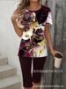 Gradual change/flower printing casual suit, round neck short sleeves + cropped pants for home and out