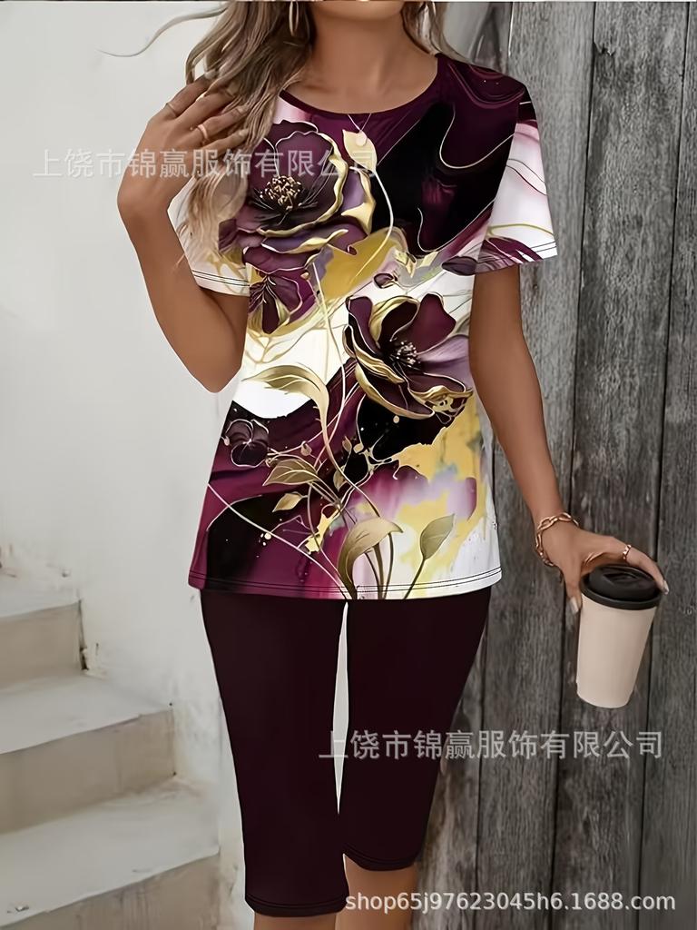 Gradual change/flower printing casual suit, round neck short sleeves + cropped pants for home and out