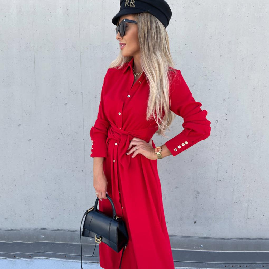 Europe, America, autumn and winter new women's clothing solid color long dress cardigan long sleeve big swing dress