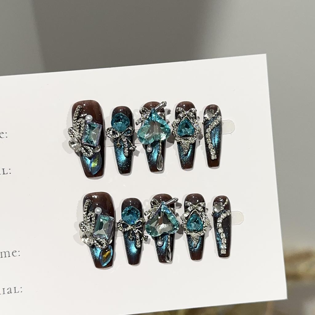 Medium Coffin Press on Nails Square Fake Nails French Tip Glue on Nail with 3D Designs Reusable False Acrylic Nails Full Cover Stick on Nail for Women