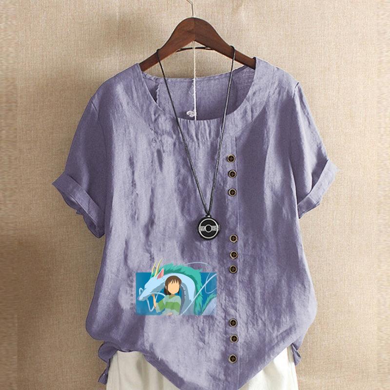 Women's Fashion Cartoon Characters Print Short Sleeve T-shirt Loose Cotton Shirt Casual Loose Summer Blouse Tops