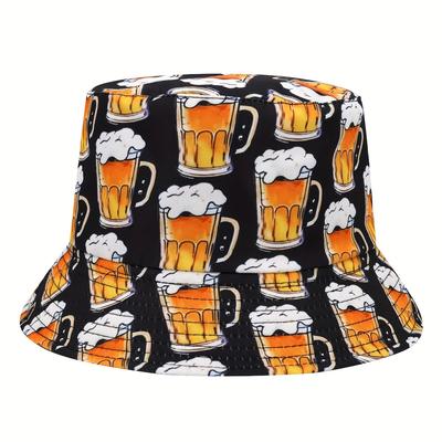 Unisex Bierdruck Eimerhut Leichter Sommer-Sonnenhut mit lebendigem Bierkrug-Design Breiter Rand für Strand Outdoor-Partys