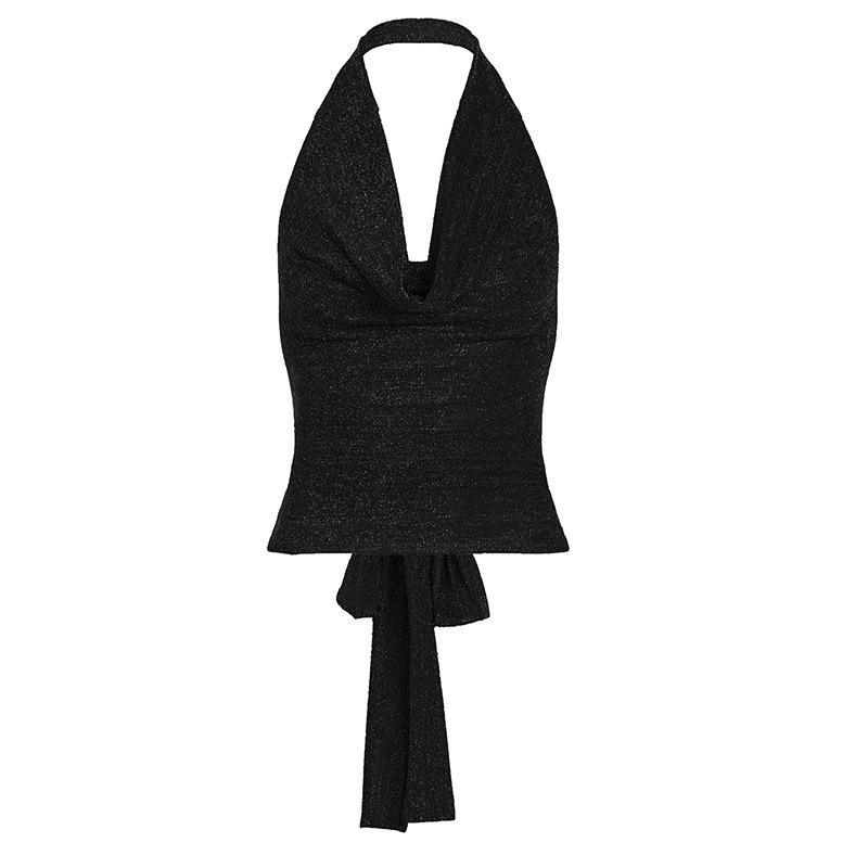 Elegant Glitter Swing Collar Halter Neck Camisole with Open Back and Bow Tie S