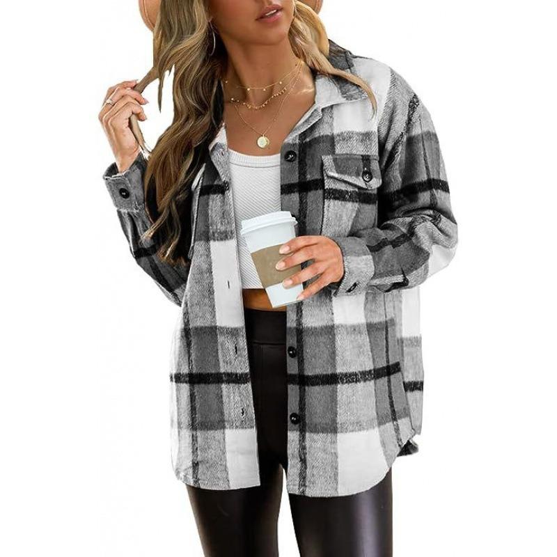 Women's Lapel Collar Long Sleeve Oversized Plaid Flannel Shirt Pocket Casual Vintage Shacket Blouse
