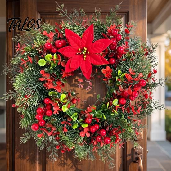 Natural Look Artificial Greenery Wreath Christmas with Red Berries Eucalyptus Pinecones, Front Door Winter for Hanging Garland Window Wall Fireplace,