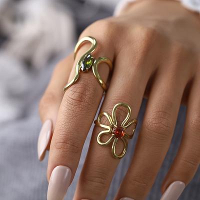 18K Gold Color Plated Stainless Steel Irregular Rings for Women Fashion Exquisite Luxury Vintage Crystal Trendy Jewelry