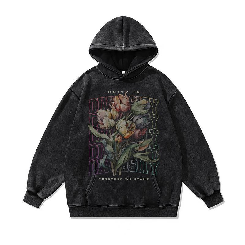 European And American Street Tide Brand Sweater Retro Trend Flower Printing Washed Old Large Version Hoodie Men And Women